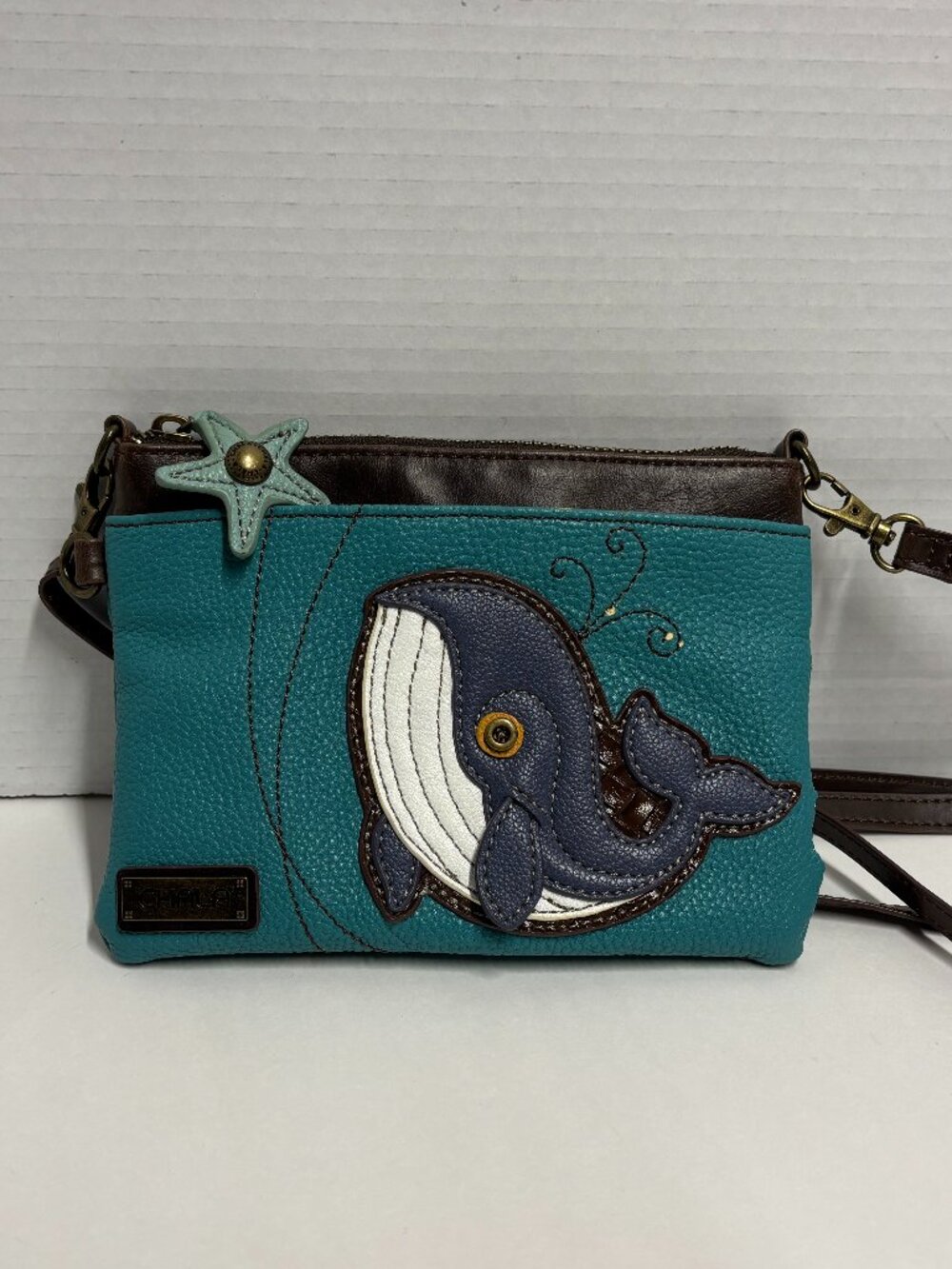 Chala Whale Mini Crossbody Purse Teal Brown Starfish Charm Zipper 8x6